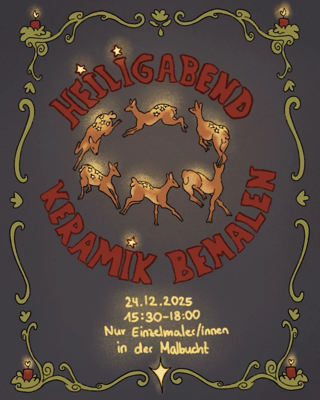 Bist du am Heiligabend alleine und möchtest deinen Nachmittag in entspannter Runde kreativ gestalten? Dann melde dich gerne telefonisch oder direkt über unser Reservierungs-Tool an. Dies Veranstaltung ist auf 20 Plätze limitiert. Ich freue mich auf dich! ✨ Vielen Dank @malinmalthh für die Gestaltung dieser zauberhaften Illustration. #diemalbucht #keramik #keramikbemalen #keramikselberbemalen #selbermachen #kreativsein #hamburghamm #geschenk #farbenfroh #ahoi #freizeit #hamburg #gegenlangeweile #lebensfreude #tischkultur #inspiration #zuhausemalen #kreativ #heiligabend #alleine #gemeinsamstatteinsam